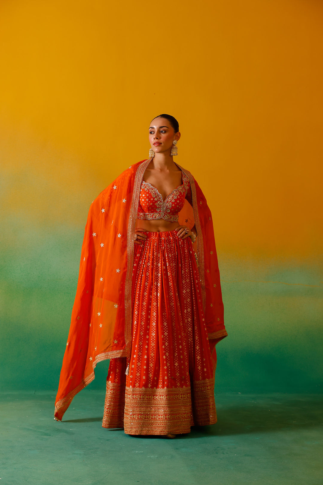 Neerus Orange Embroidery Work Georgette Fabric Ghagra Set