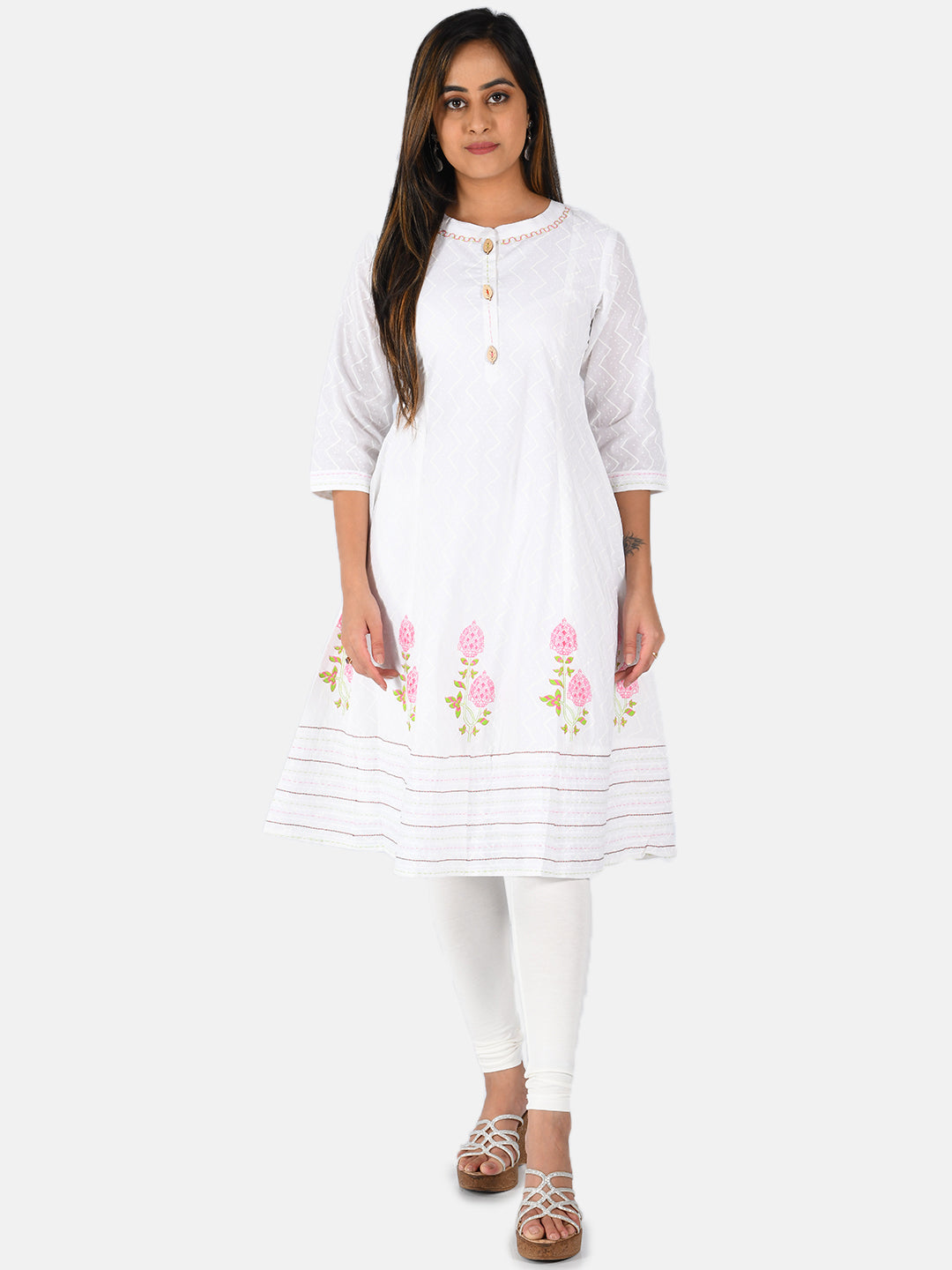 Neerus White cotton printed A-line kurti - front view