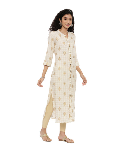 Neerus Women Cream-Coloured Thread Work Kurta