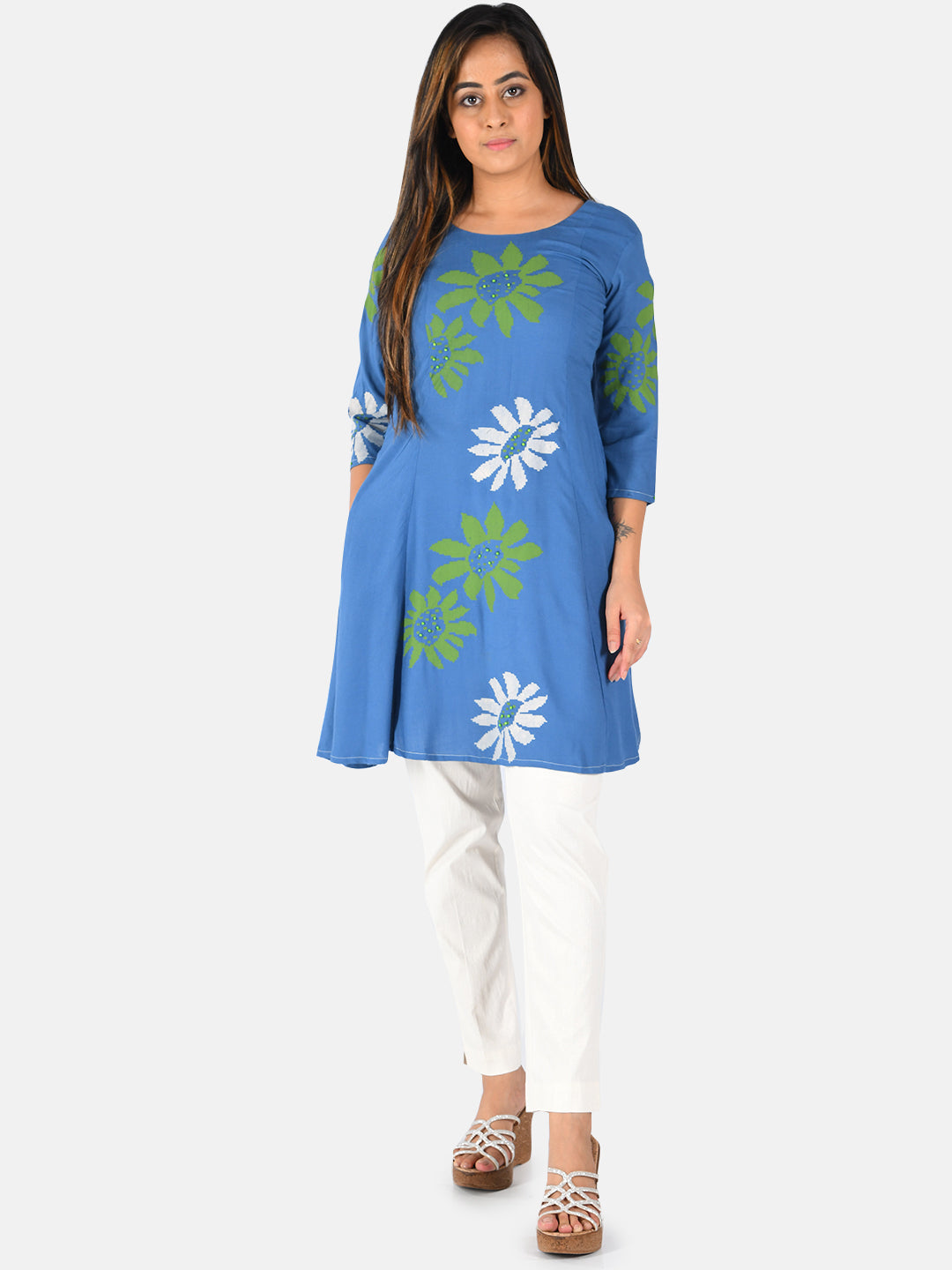 Neerus Blue floral printed beaded kurta - front view