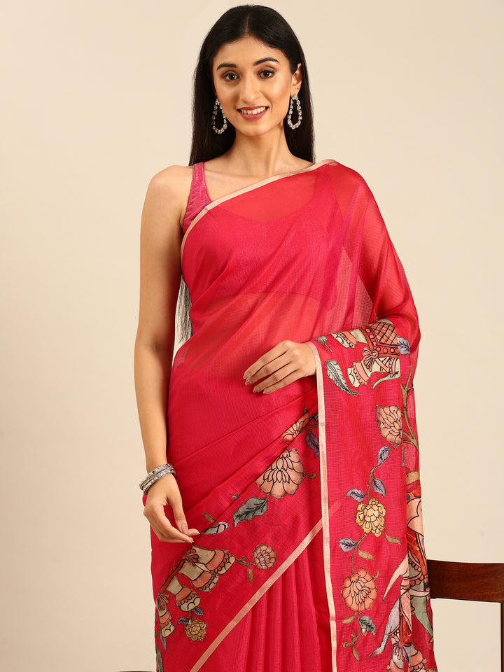 Rani Pink Kota Saree With Kalamkari Appliqué Work On Pallu