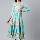 Neerus Sea Green Straight Casual Embroidered Dress
