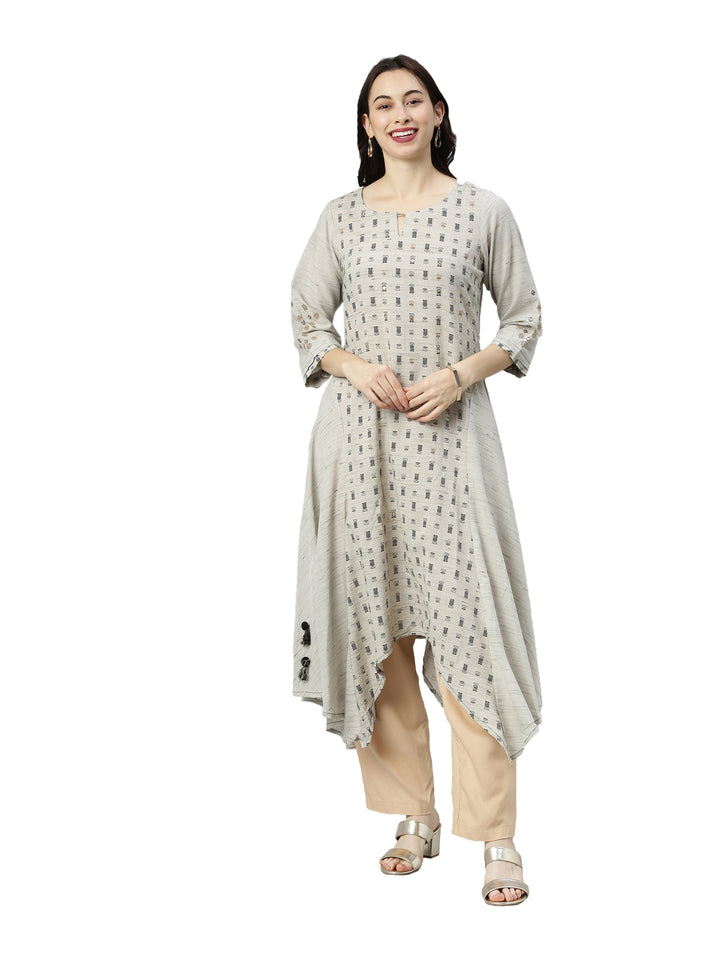 Neerus Women Grey Ethnic Motifs Printed Keyhole Neck Kurta