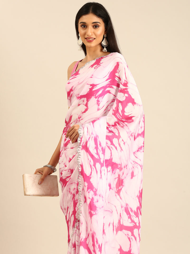 Pink & white printed satin saree with Swarovski embroidery
