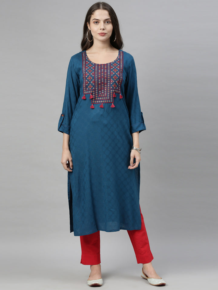 Neerus Blue mirror work straight kurta ethnic yoke design - front view