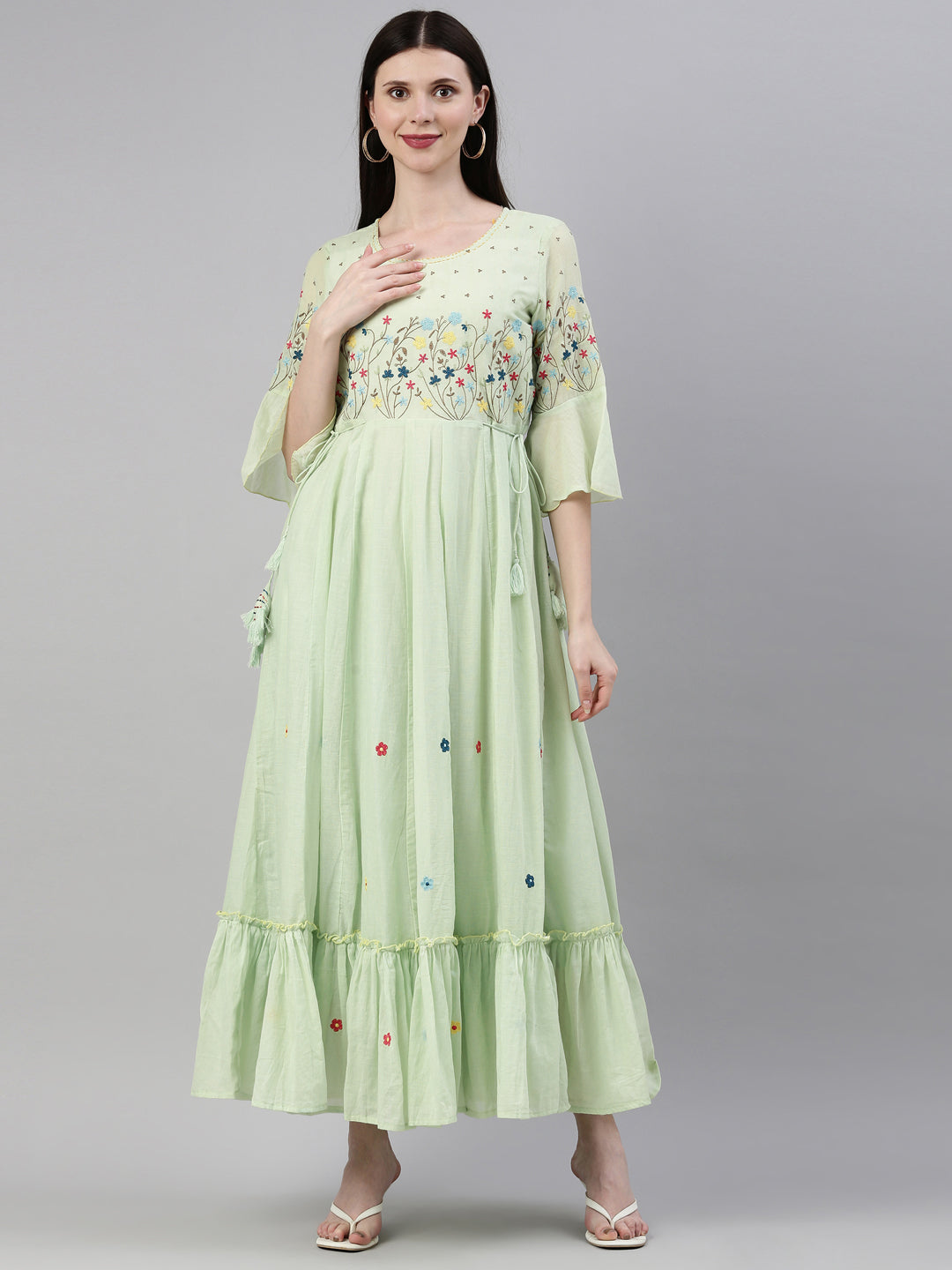 Neerus Green thread embroidered anarkali kurta - front view