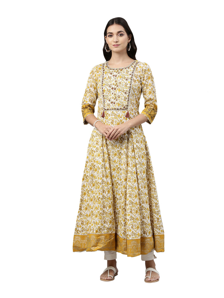 Neerus Yellow printed anarkali kurta ethnic motifs - front view