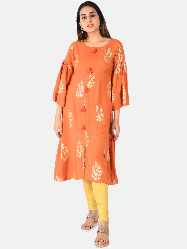 Neerus Orange muslin solid kurti - front view