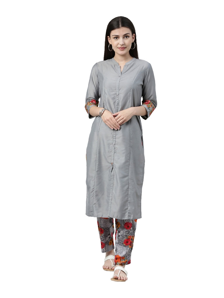 Neerus Grey muslin printed kurta set with floral trouser - front view
