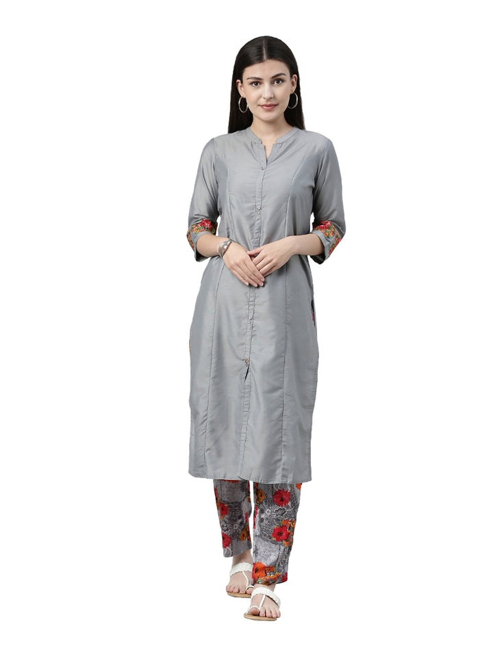 Neerus Grey muslin printed kurta set with floral trouser - front view