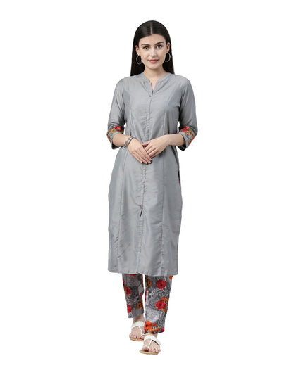 NEERU'S GRAY COLOR MUSLIN FABRIC  SOLID KURTA FLORAL TROUSER