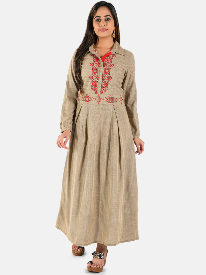 Neerus Beige rayon embroidered A-line kurti - front view