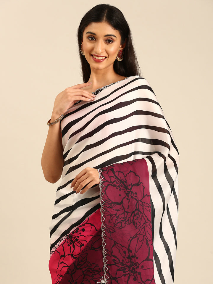 Pink Satin printed saree with Swarovski embroidery