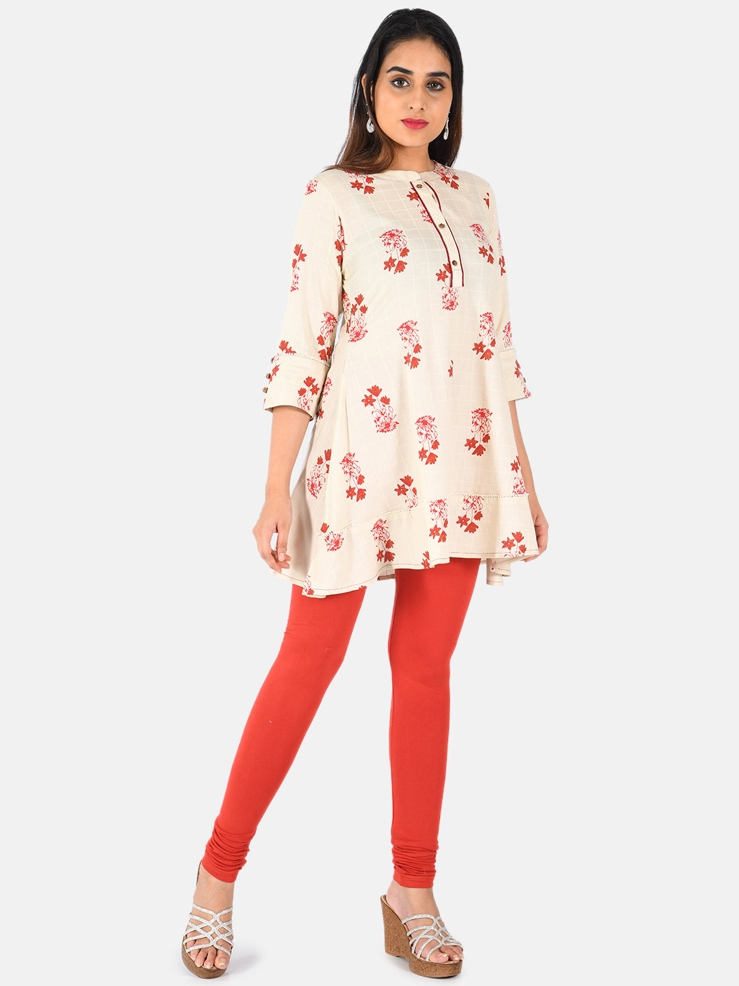 Neerus Beige printed A-Line kurti - front view