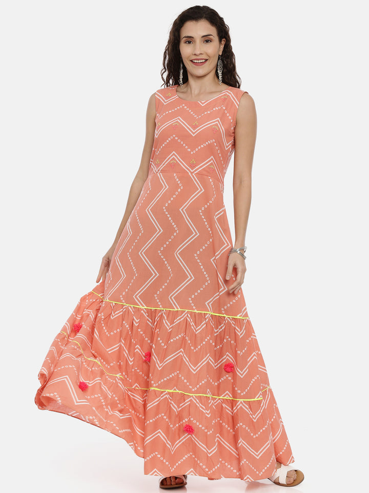 Neerus Pink printed anarkali kurta chevron - front view