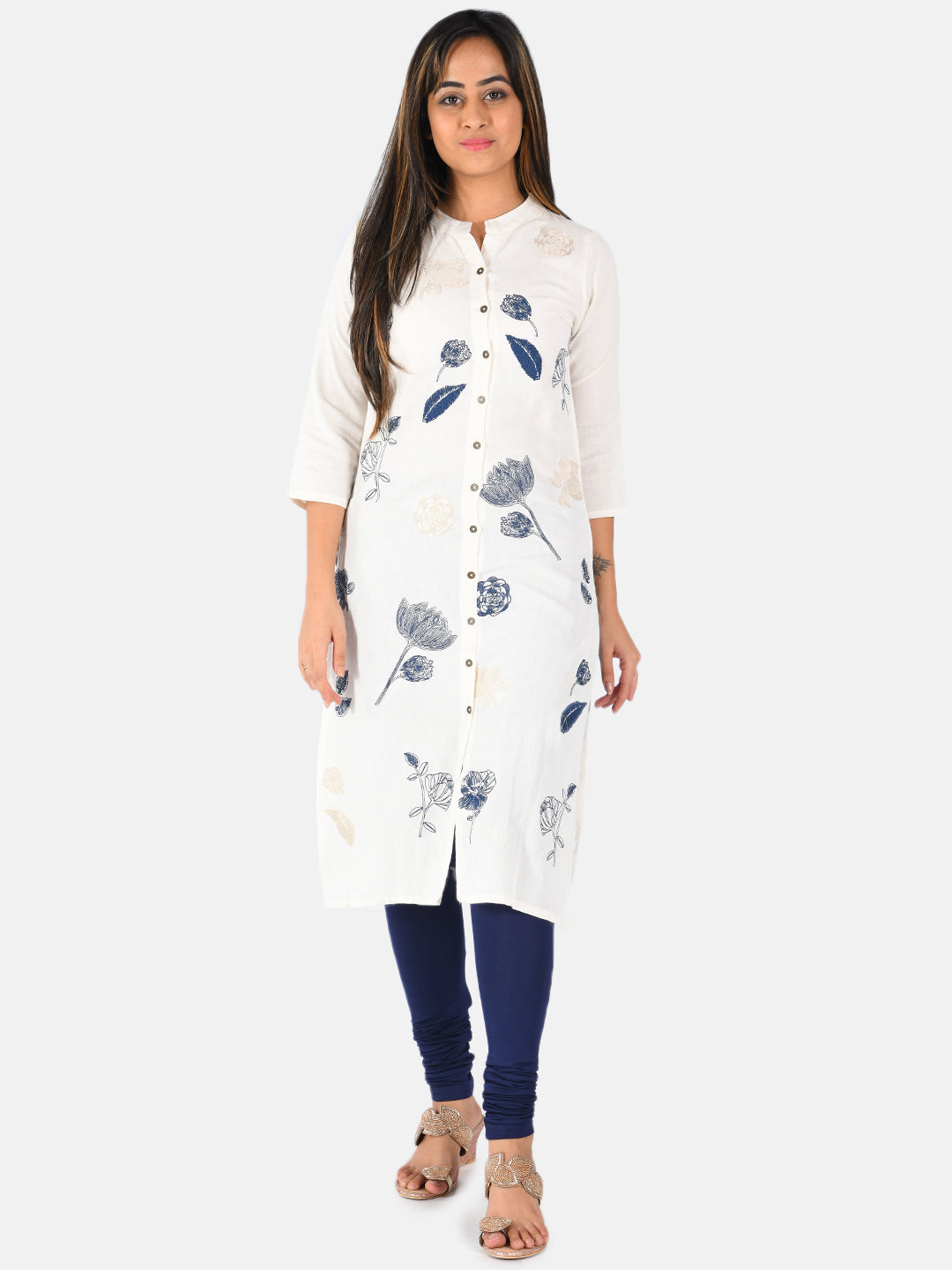 Neerus White cotton embroidered kurti - front view