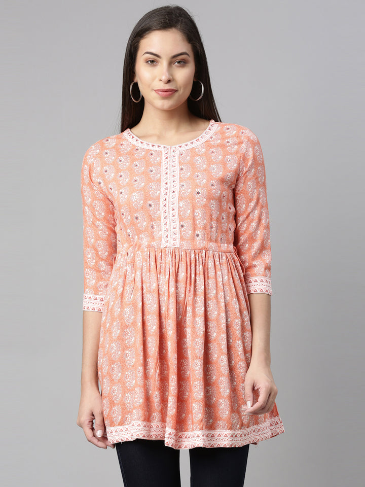 Neerus Women Coral  White Floral Printed Sequinned Pleated Kurti