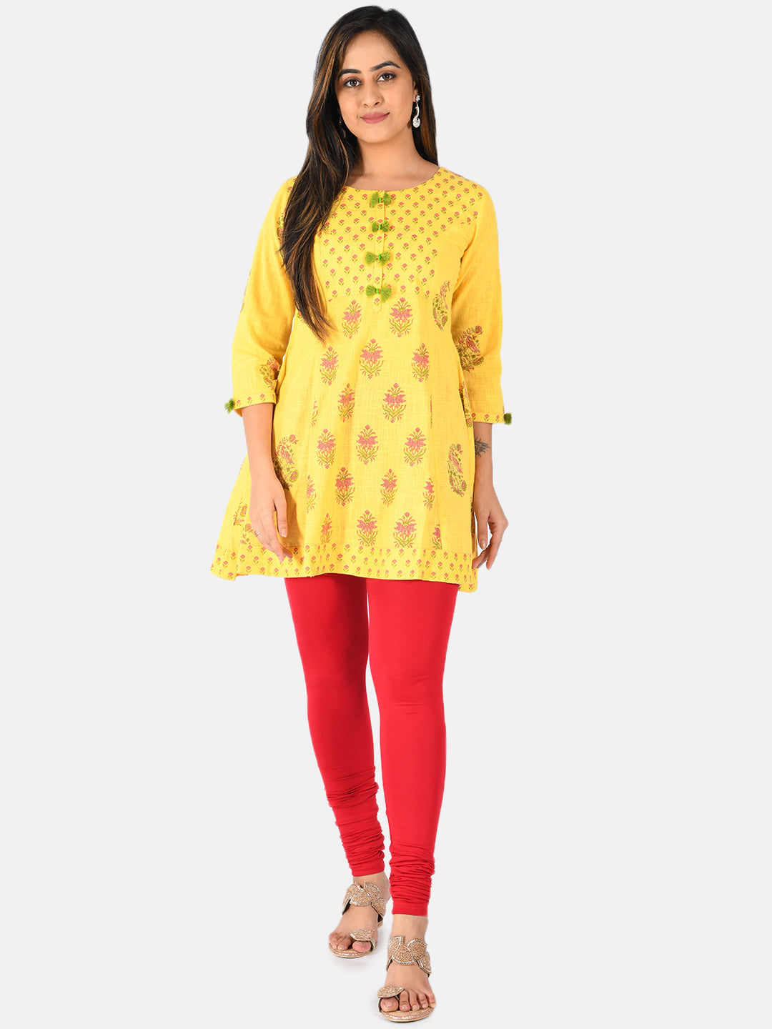 Neerus Women Mustard Yellow Printed A-Line Pure Cotton Kurti