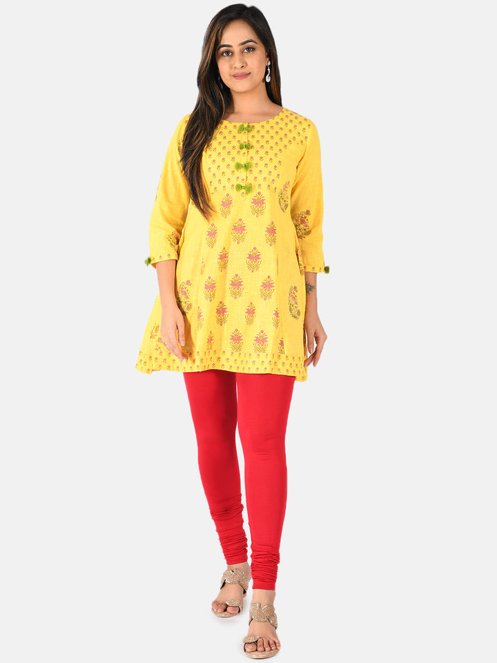 Neerus Women Mustard Yellow Printed A-Line Pure Cotton Kurti