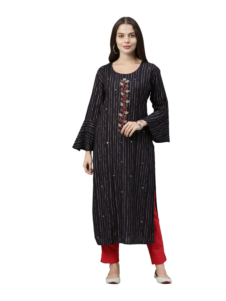 Neerus Women Navy Blue Striped Bell Sleeves Kurta