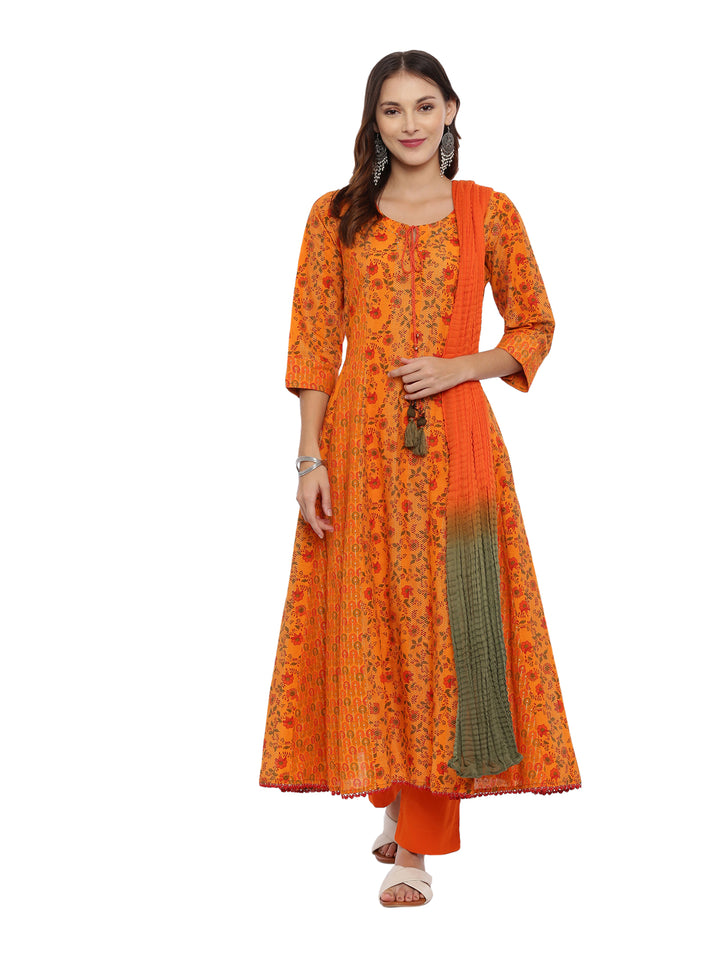 Neerus Orange printed suit set with trouser and dupatta - front view