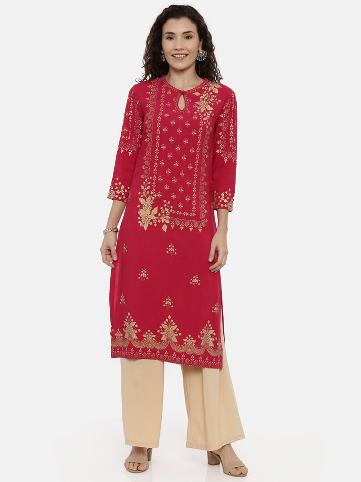 Neerus Red Rayon Printed Kurta - front view