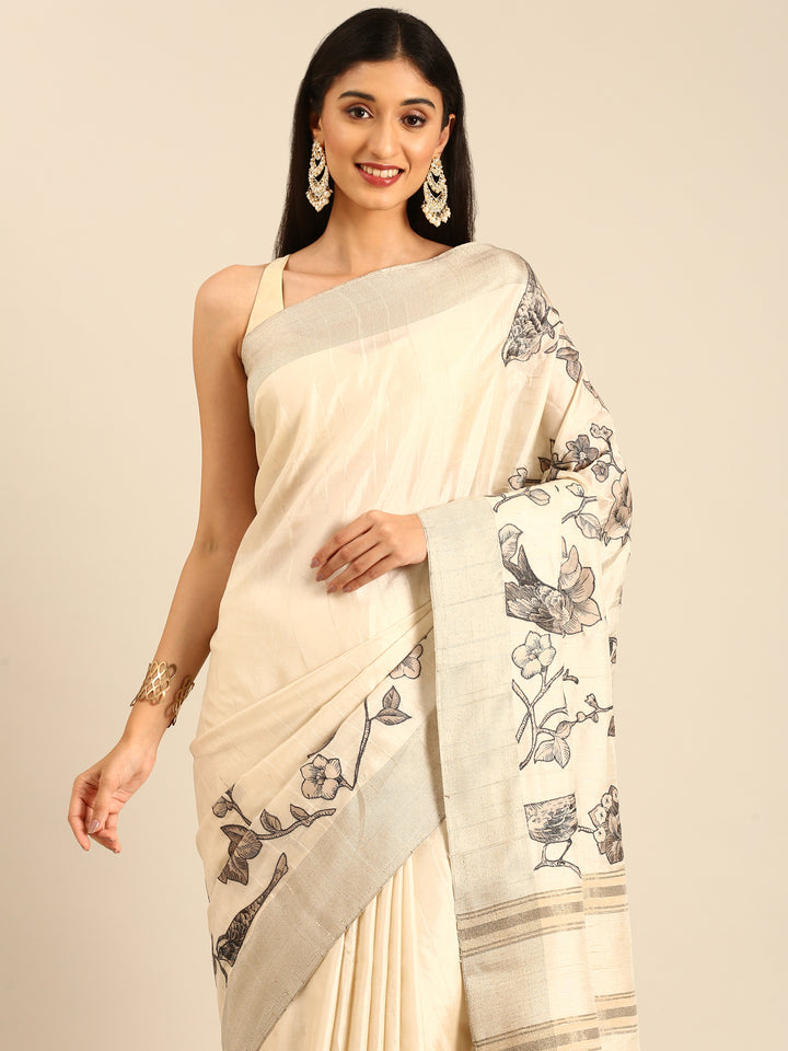 Cream Natural Dupion Saree With Floral Print