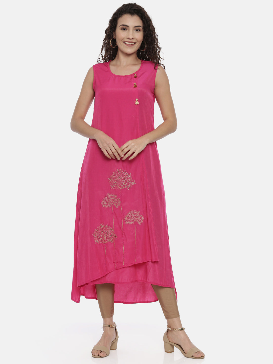 Neerus Pink floral embroidered kurta - front view