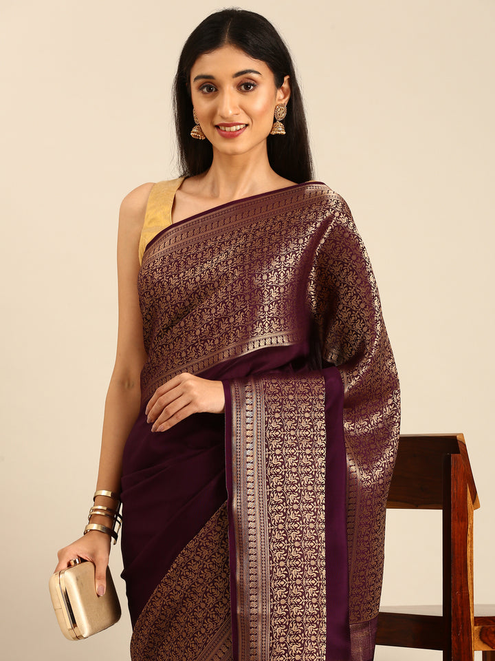 Wine Mysore Crepe Saree With Zari Jaal Border