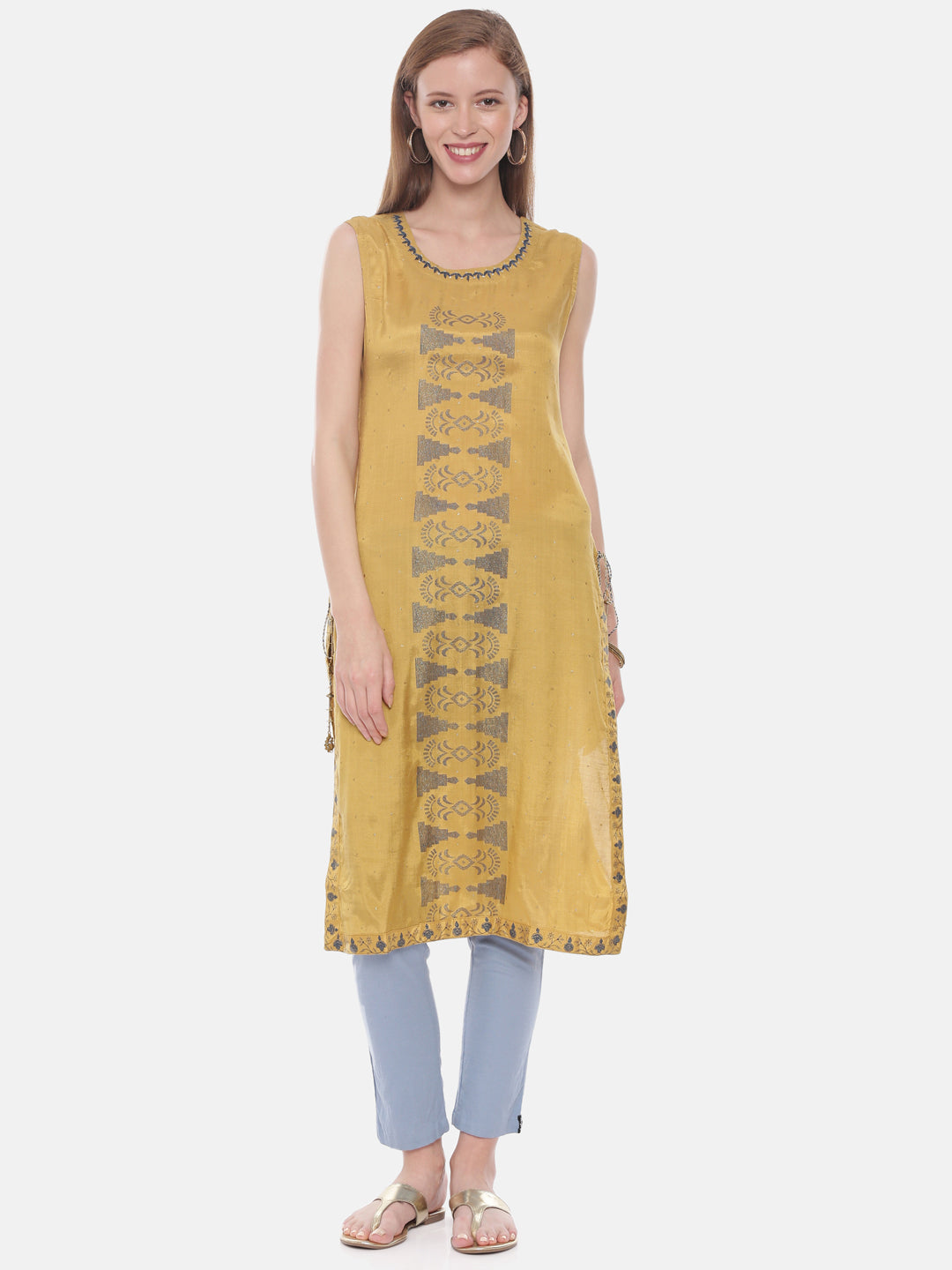 Neerus Yellow embroidered straight kurta - front view