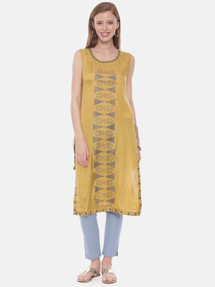 Neerus Yellow embroidered straight kurta - front view