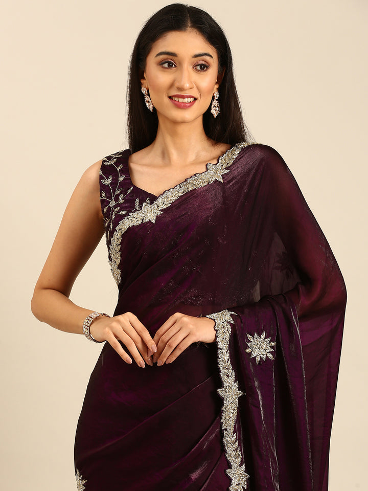 Wine shimmer tissue saree with cut Dana & Swarovski embroidery