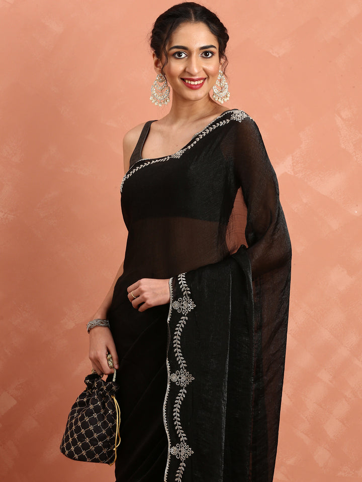 Black Jimmy Tissue Saree With Hand Embroidery