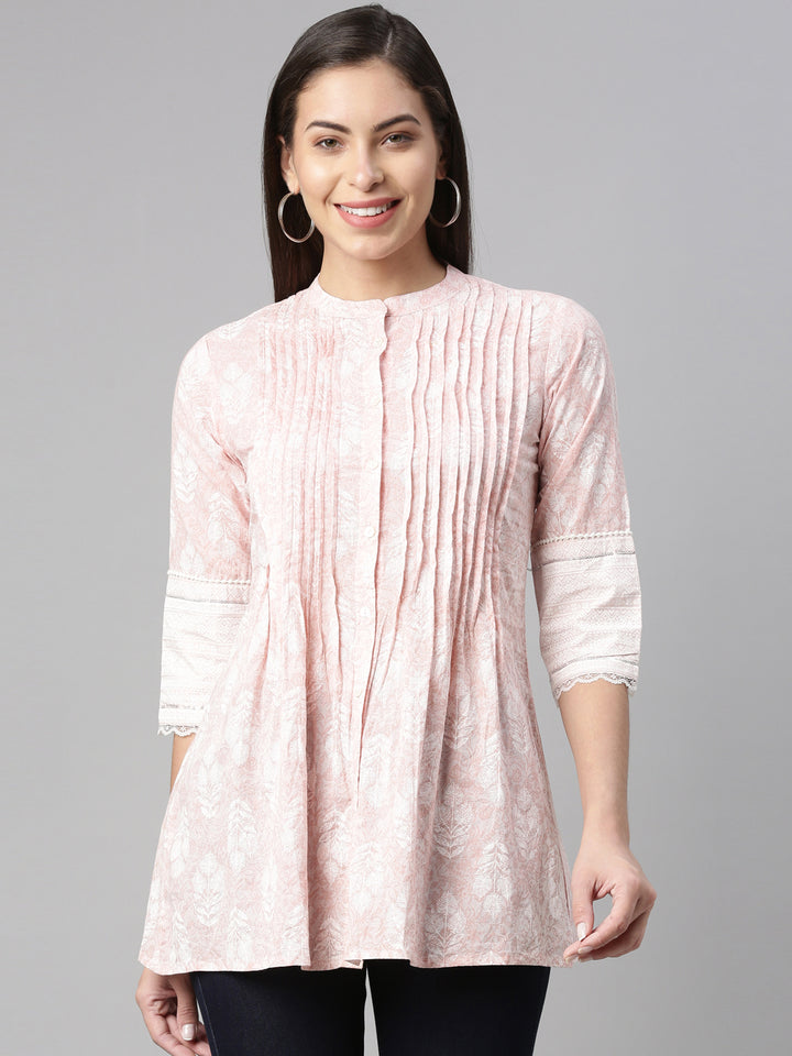 Neerus Rose Floral Printed Pure Cotton Pleated Kurti