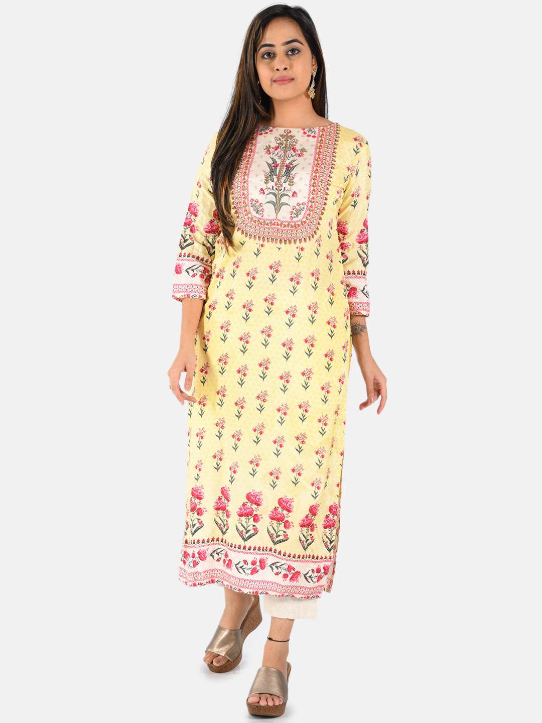 Neerus Yellow floral printed straight kurta - front view