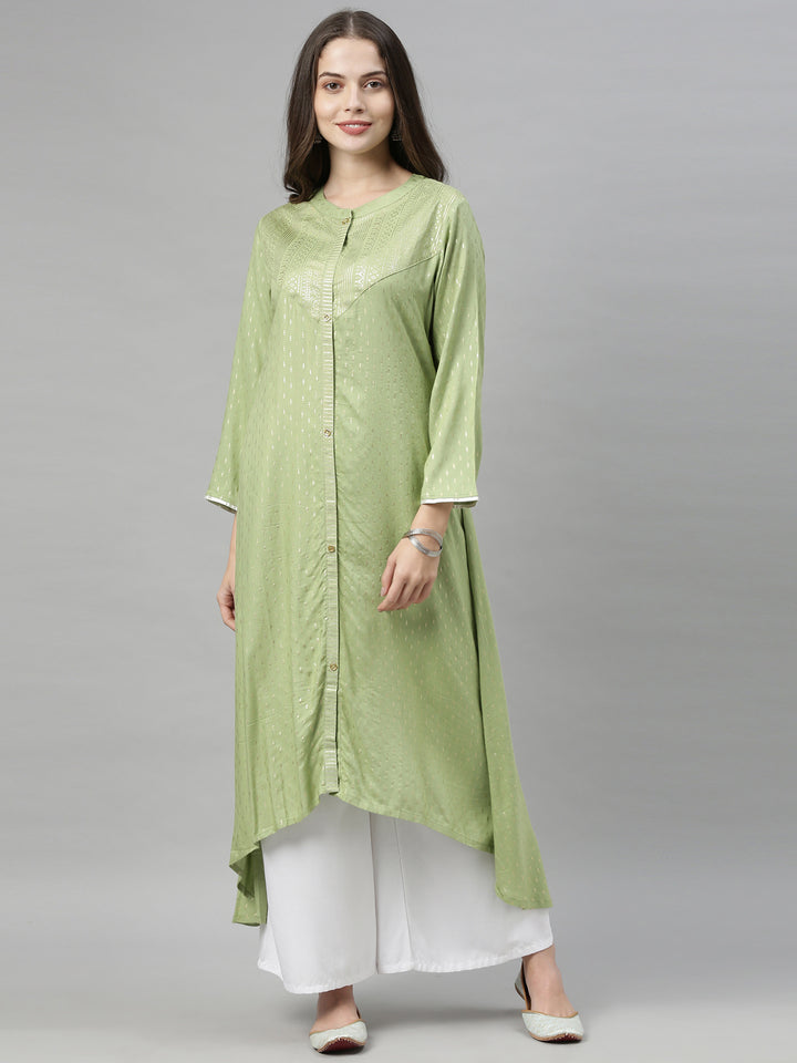Neerus Green printed ethnic motif A-line high-low kurta - front view