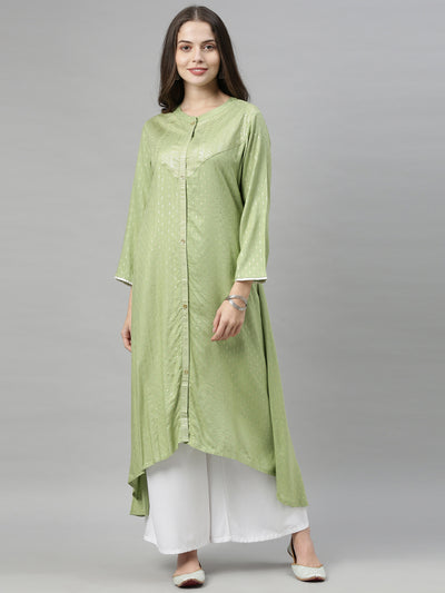 Neerus Women Green Silver Ethnic Motifs Print High-Low A-Line Kurta