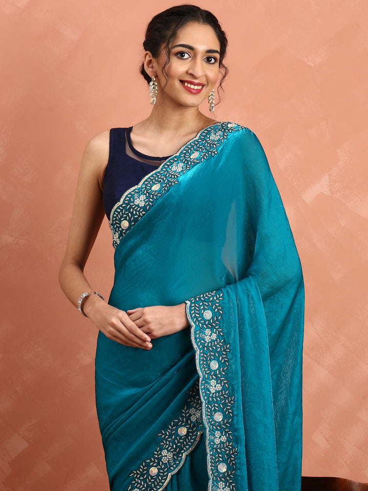 Peacock green jimmy saree with hand embroidery