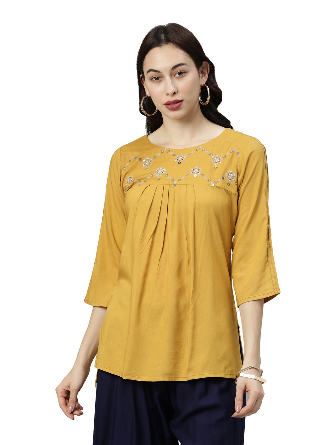 Neerus Yellow cotton embroidered kurti - front view