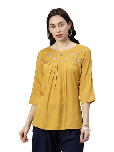 Neerus Women Mustard Embroidered Kurti