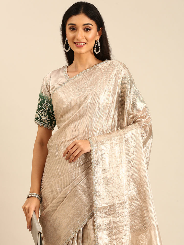 Silver Tissue Saree Silver Zari Allover Work Heavy Green Contrast Blouse Readymade Blouse