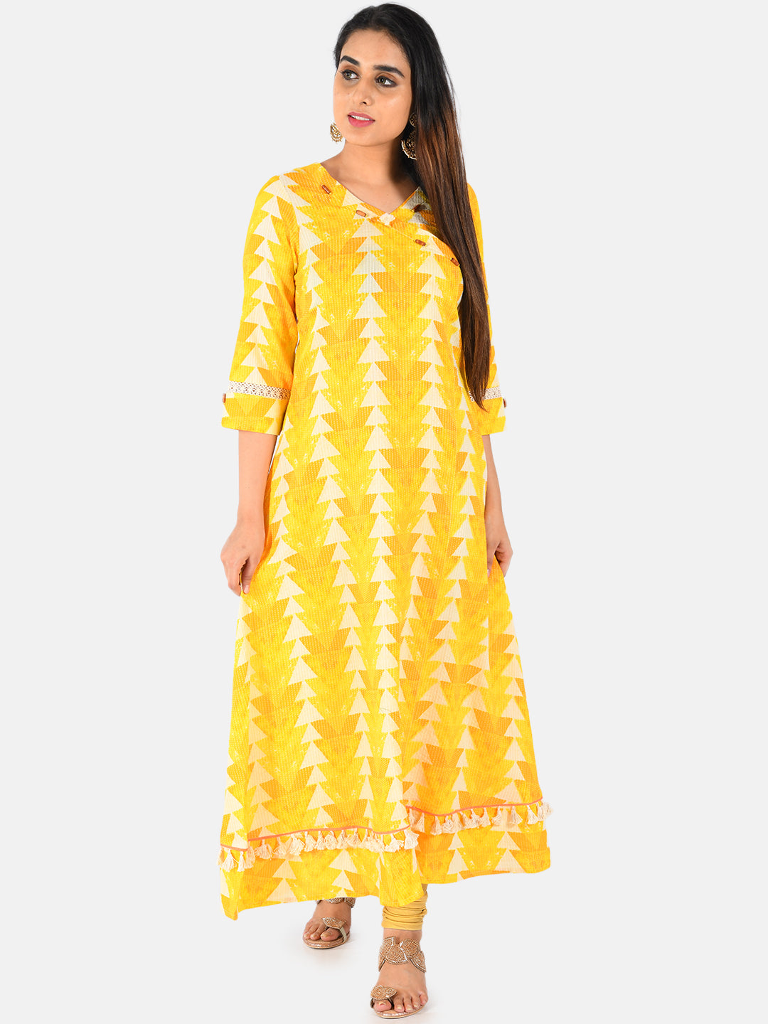 Neerus Yellow printed A-line kurta - front view
