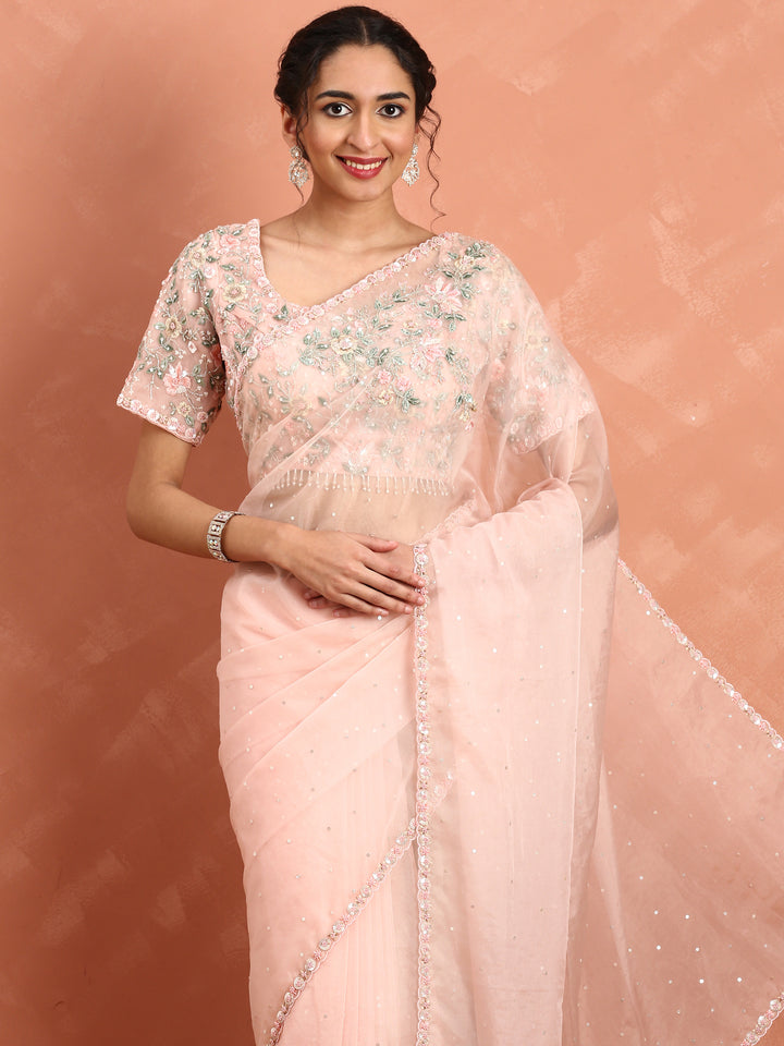 Peach Organza saree Resham & cut Dana heavy embroidery with ready made blouse