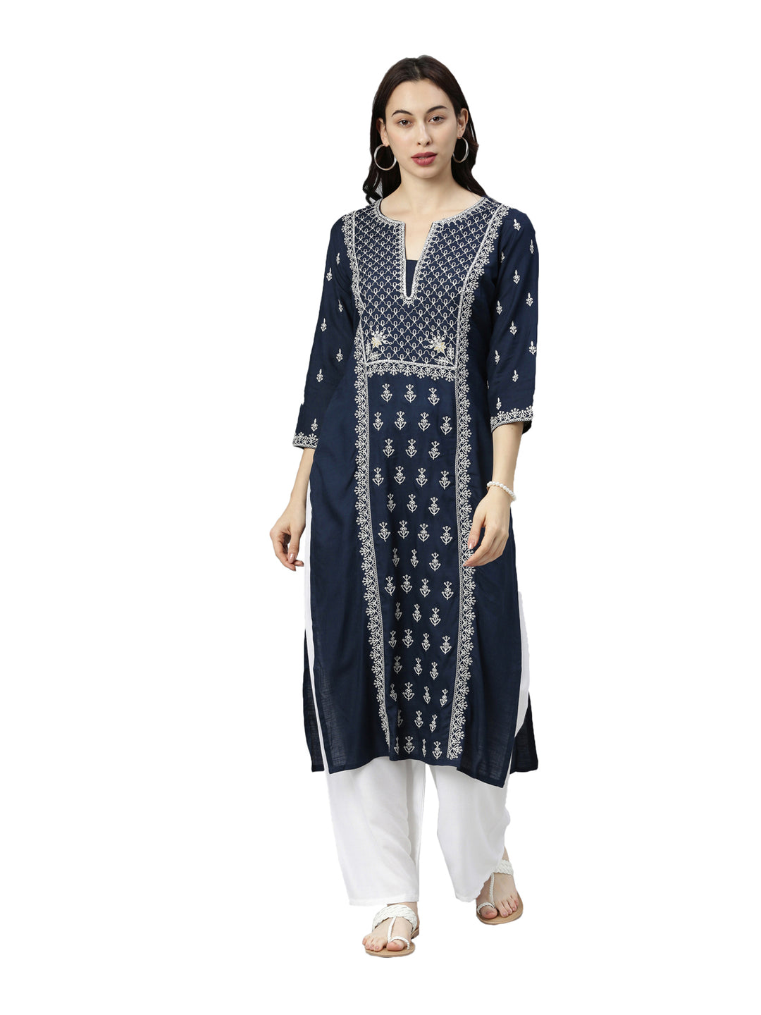 Neerus Women Navy Blue White Floral Embroidered Thread Work Kurta