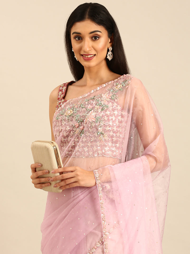 Purple Organza Saree With Hand Embroidery & Readymade Heavy Blouse Hand Embroidered