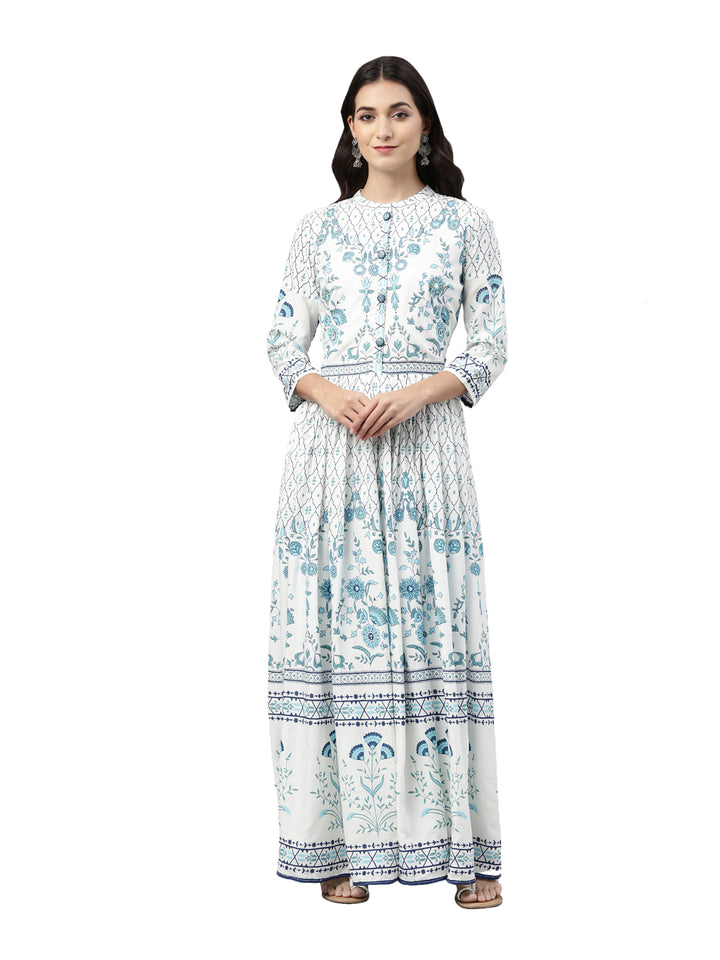 Neerus Women White  Blue Floral Printed Mirror Work Anarkali Kurta