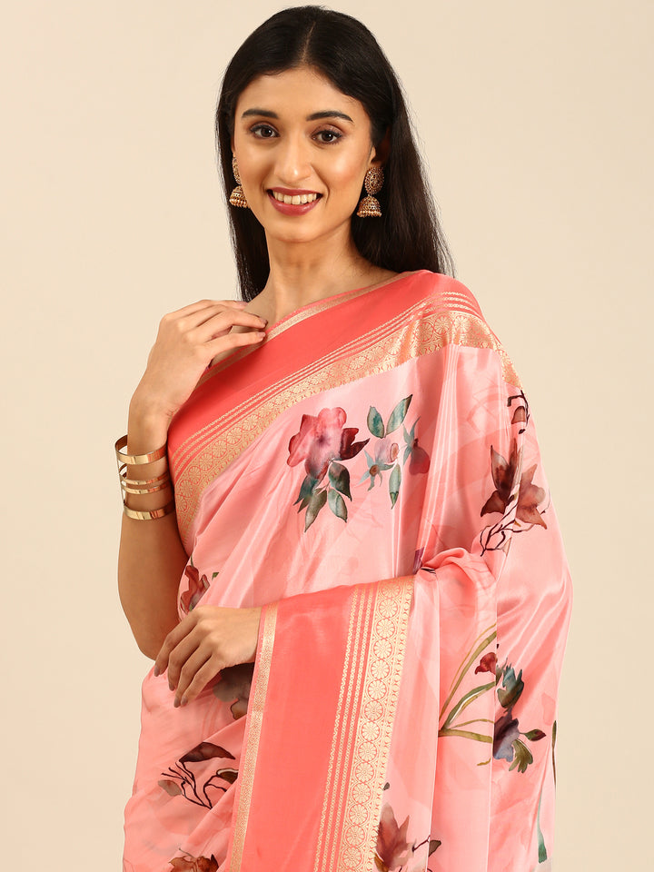 Pink Mysore crepe saree with Zari contrast border