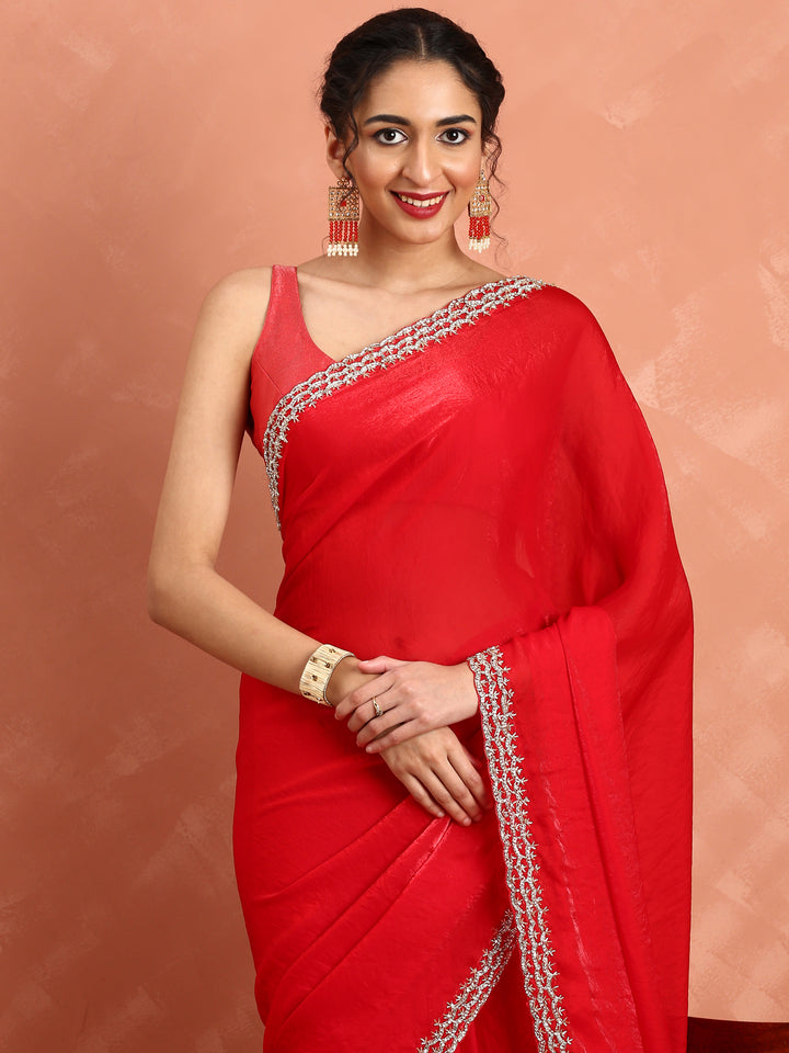 Red Jimmy saree with pearls & cut Dana embroidery