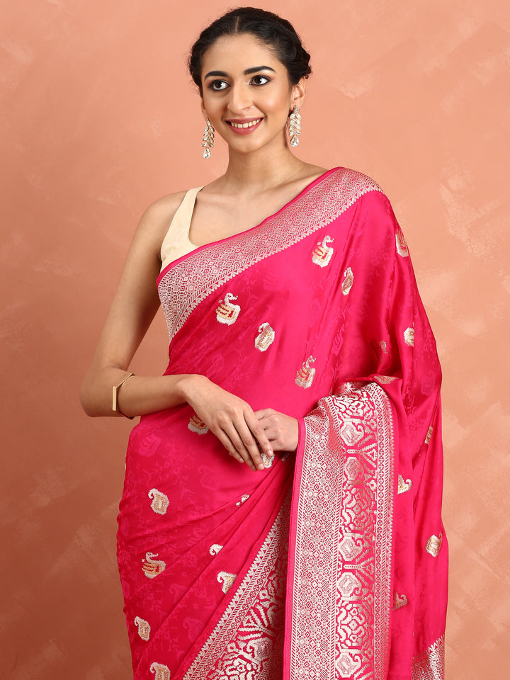 Pink banaras silk saree with silver motifs