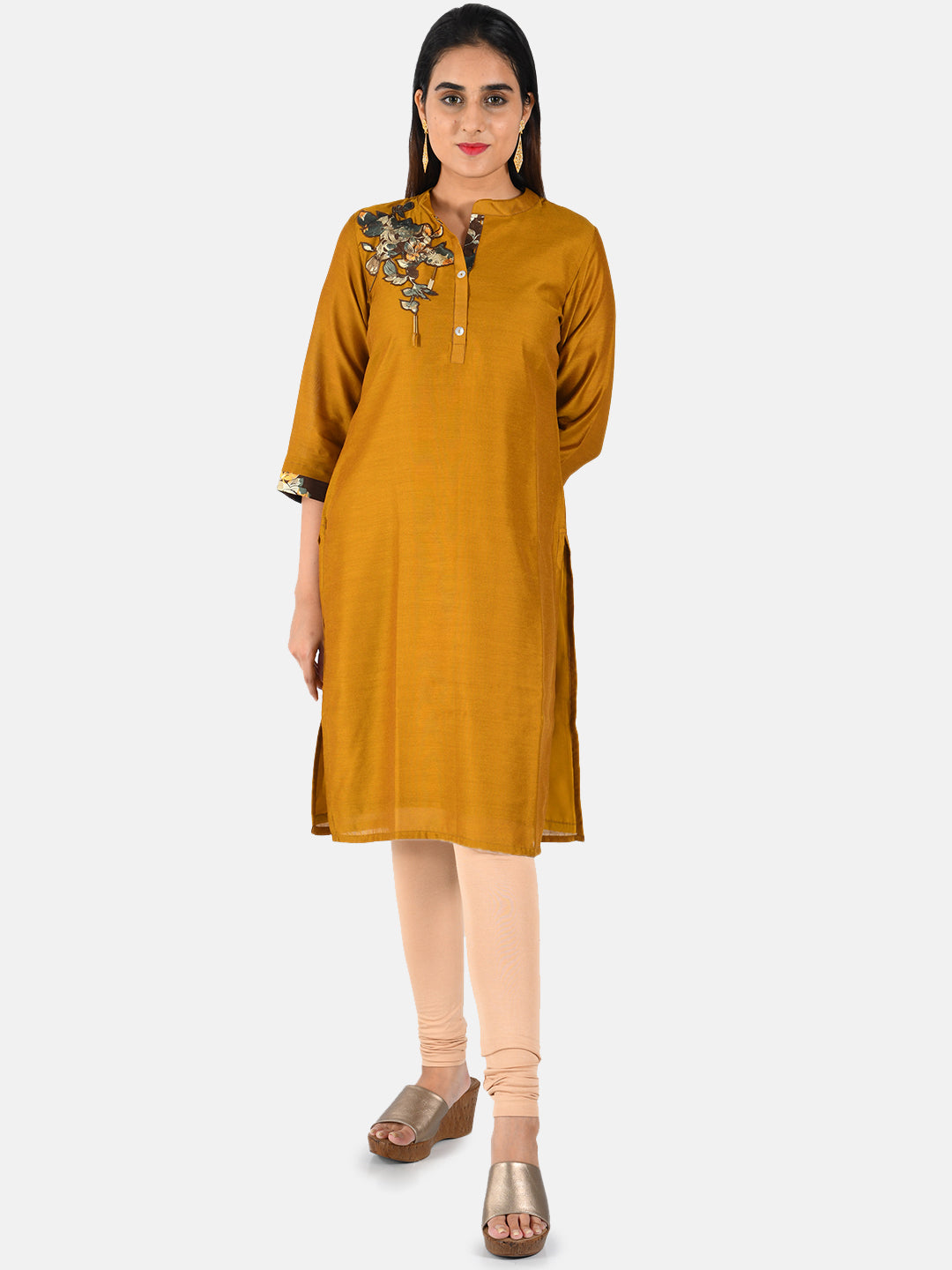 Neerus Yellow A-Line embellished kurta - front view